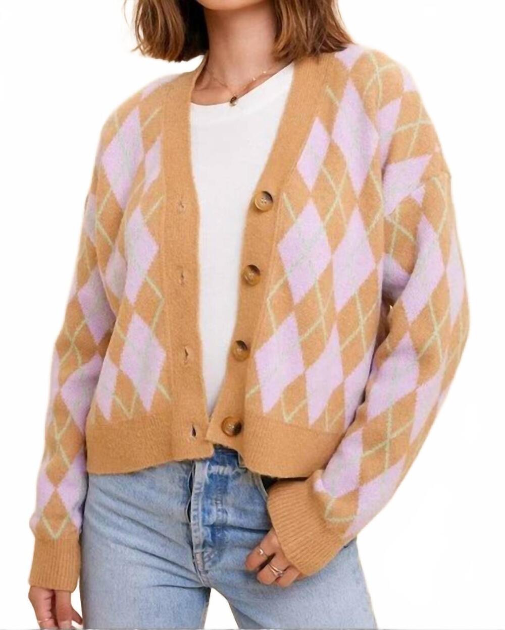 NEW IN-LOOM retro vibes argyle patterned jacquard cardigan sweater in beige